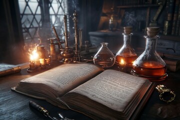 Aufkleber - A gothic-style research lab filled with ancient scrolls, alchemical tools, and flickering candlelight