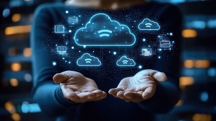 Poster - Hands Holding Conceptual Image of Cloud Technology with Data Transfer Symbol and Digital Elements in Modern Background