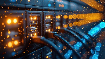 Poster - Close-up View of Network Cables and LED Lights in Data Center with Bokeh Effect and Glowing Particles for Technology and IT Backgrounds