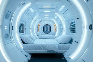 Poster - A high-tech futuristic experiment conducted in a zero-gravity space station, with floating lab equipment