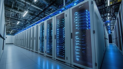 Poster - Futuristic Data Center with Rows of Servers and High-Tech Lighting in a Modern Server Room Environment