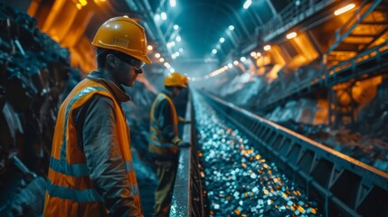 Poster - Safety gear clad workers observe the operation of conveyor belts transporting coal within an underground facility, with dramatic lighting creating a labor intensive atmosphere.