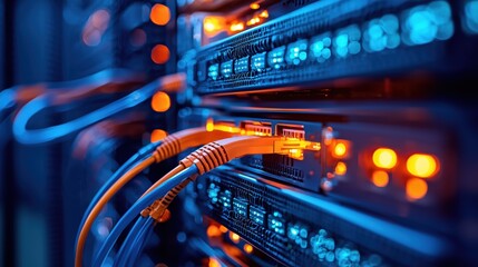 Poster - Close-up View of Network Cables and Ports in a Data Center with Blue and Orange Lights Emitting from Servers and Network Equipment
