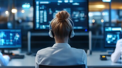 Poster - Professional at work in a control room monitoring complex data systems in a modern environment