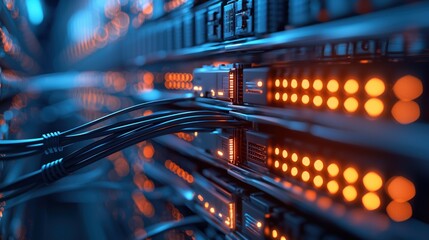 Fototapete - Close-Up View of Network Server Cables and Illuminated Data Ports in a Modern Data Center with Cool Blue and Orange Lights