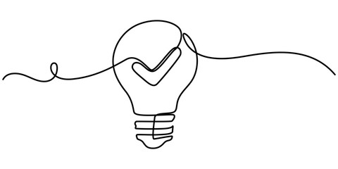 Poster -  light bulb with correct mark verify continuous one line drawing, Light Bulb Continuous Line Icon for Creativity, Innovation topics, Continuous line drawing check mark icon. Single line confirmation. 