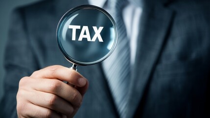 Poster - A businessman holds a magnifying glass over the word 