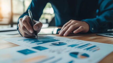 Leinwandbilder - A person analyzes business charts and graphs while taking notes on a document, demonstrating focus and engagement in data evaluation.
