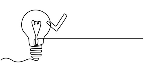Poster -  light bulb with correct mark verify continuous one line drawing, Light Bulb Continuous Line Icon for Creativity, Innovation topics, Continuous line drawing check mark icon. Single line confirmation. 