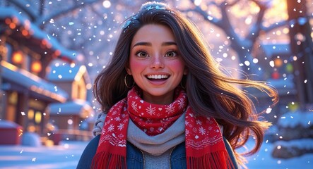 Canvas Print - Winter portrait teen Latin girl happy long brown hair red scarf snowflakes falling background 3d illustration