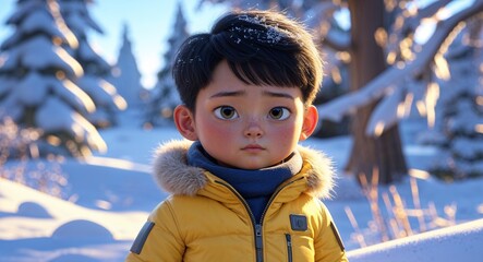 Wall Mural - Winter portrait toddler Asian boy serious short black hair yellow winter jacket snowy landscape background 3d illustration