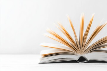 Poster - A monochrome minimalist illustration of an open book with floating pages, representing education