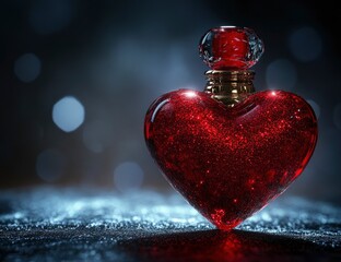 Wall Mural - 3D rendering of a red glass perfume bottle in the shape of a heart on a dark background with glitter and dust, front view, close-up. 