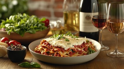 Wall Mural - Delicious lasagna, wine, and salad.