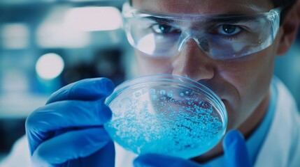 Aufkleber - In a cutting-edge laboratory, a scientist in a white coat and goggles closely inspects a petri dish containing a striking blue substance. The atmosphere is filled with curiosity and discovery