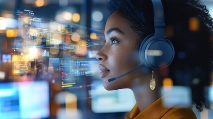Poster - Focused woman wearing headset analyzing data in a modern tech workspace
