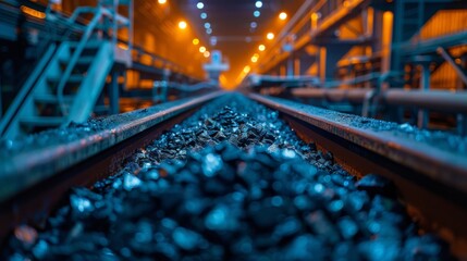 Poster - Coal is piled on railway tracks within a manufacturing facility, bathed in orange and blue industrial lighting, creating a striking visual effect in the evening.