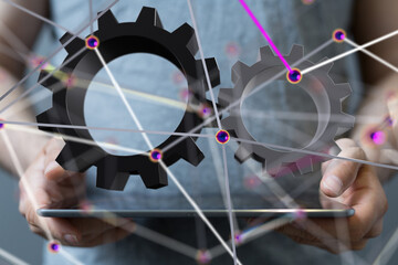 Poster - gear system data. Connecting lines and dots.Big data visualization  - 3d