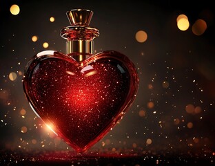 Wall Mural - 3D rendering of a red glass perfume bottle in the shape of a heart on a dark background with glitter and dust, front view, close-up. 