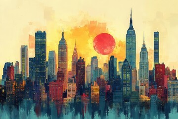 Wall Mural - vintagestyle illustration of new york showcasing iconic skyline and cultural landmarks with a nostal