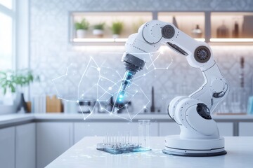 Poster - A simple vector illustration of a robotic arm performing a precision experiment in a modern research lab