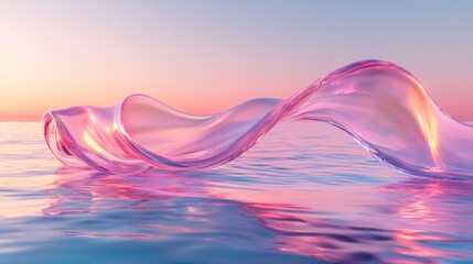 Poster - Fluid glass ribbons undulate gracefully above a calm seascape, showcasing a stunning iridescent gradient as the sun sets, blending colors in perfect harmony
