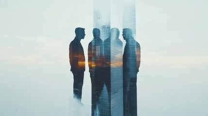 Poster - Double exposure image featuring silhouettes of businessmen positioned against a modern skyscraper during sunset, representing themes of business, cooperation, and ambition in an urban setting
