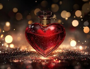 Wall Mural - 3D rendering of a red glass perfume bottle in the shape of a heart on a dark background with glitter and dust, front view, close-up. 