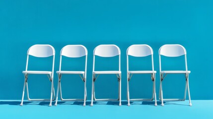 Poster - Five folding chairs arranged in a uniform row against a vivid blue background, clean and modern aesthetic