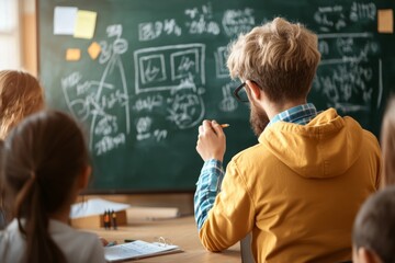 Poster - A teacher writing discussion topics on a chalkboard in a classroom filled with students