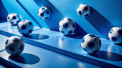 Wall Mural - Modern Soccer Balls on Blue Monochrome Background: Abstract Architectural Photography