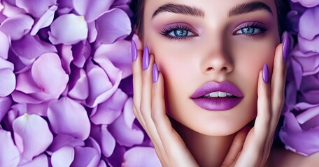 Wall Mural - Photograph of a beautiful woman with purple lipstick and nails, posing against a background made of dark violet rose petals. 