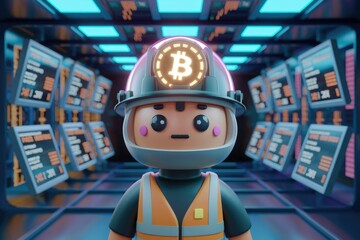 Poster - A cute 3D character, a Bitcoin miner, stands in a futuristic data center.