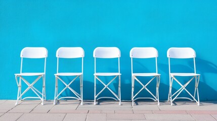 Fototapete - Minimalist scene with five white folding chairs evenly spaced in a row against a bright blue background