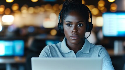 Poster - Professional woman wearing headset working on computer in modern office environment