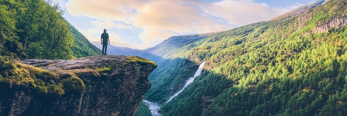 Poster - Hiker standing on a cliff enjoying a beautiful waterfall cascading down a lush green valley during a vibrant sunset over the norwegian landscape