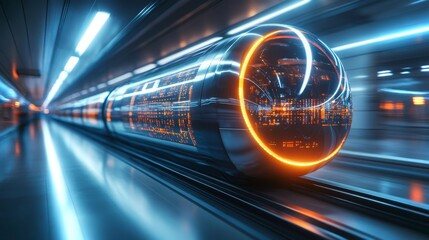 Poster - Futuristic high-speed train moving through a sleek underground tunnel with glowing lights