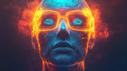 Fiery head with glowing sunglasses.