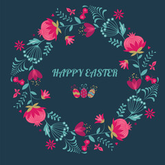 Wall Mural - Happy Easter card with wreath flowers and eggs.