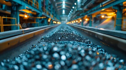 Poster - Conveyor belt in a metal processing factory transports crushed materials through an expansive interior filled with machinery and warm lighting, showcasing industrial efficiency and scale.