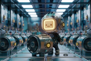 Poster - A cute robot astronaut stands proudly beside a large industrial machine in a futuristic factory.