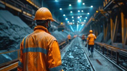 Leinwandbilder - Workers in safety gear walk along railway tracks between piles of coal in a brightly lit coal mine, showcasing an active mining environment during the nighttime shift.