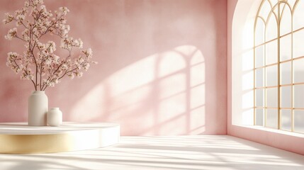 Poster - Elegant Minimalist Stage Design with Light Pink Wall and Decorative Floral Arrangement Against a Stunning Window Backdrop