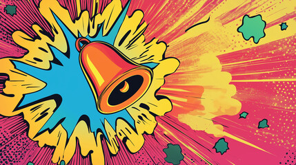 Pop art concept message or alert notification bell icon. Colorful background in pop art retro comic style.