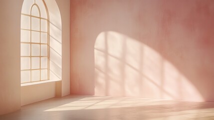 Poster - minimalist stage design featuring soft pink wall with natural light streaming through an arched wind
