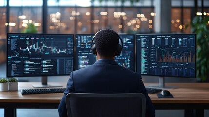 Poster - Engaged professional analyzes financial data on multiple screens in a modern office environment