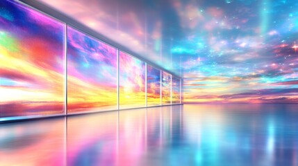 Poster - Vibrant sunset reflected in a modern space with large windows and colorful sky patterns