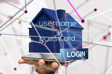 Poster - home data. Digital cyberspace with particles and Digital data network connections concept. - 3d