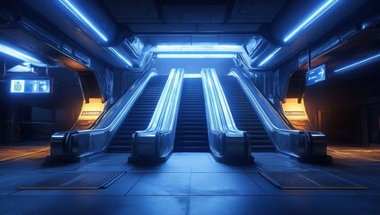 Poster - Futuristic Escalators: Ascending in a Neon-Lit, Sci-Fi Corridor,  Modern Architecture Design, Illuminated Pathways