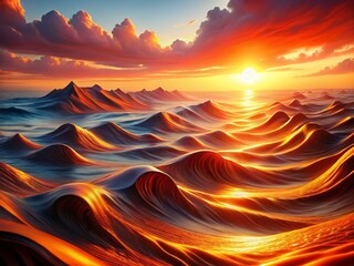 Poster - Panoramic Vibrant 3D Abstract Landscape with Glowing Orange Waves